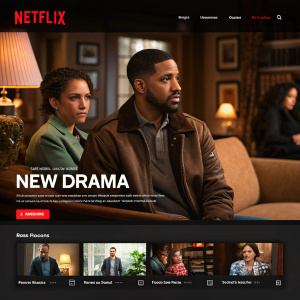 A promotional Netflix homepage snapshot showcasing a new drama series. The main image highlights the lead characters in a cozy setting. Additional thumbnails feature various scenes and supporting cast.