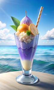 Sundae ice cream with Thai ingredients like butterfly pea flower, lemonade sorbet, and edible gold leaf in a tall glass. Theme: tropical summer with colorful garnish, set against a picturesque jetty extending into the serene blue ocean under a clear sky. Techniques: with vivid colors and natural lighting, culinary photography --ar 3:4
