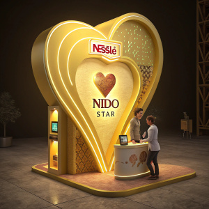 Promotional 3D render for Nestle's Nido Star product. Large, heart-shaped golden structure with Nestle and Nido logos. Human figure in booth-like setup with small screen, warm golden hues