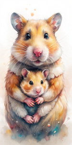 The little hamster hugs the big hamster. Watercolor style, sense of color, digital art, master works