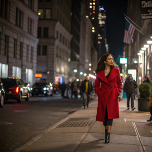 Jurnee Smollett-Bell walking down a bustling New York City street at night. Dimly lit surroundings, she stands out in a vibrant red coat.