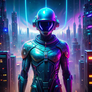 Create a daft punk hologram cyborg in a dense futuristic and blue patch of town