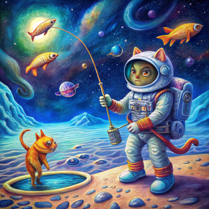 an astronaut cat fishing in space on the moon. fish around it flying 