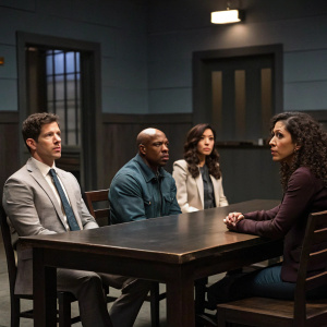 Andy Samberg, Amy Santiago, Terry Crews, and Stephanie Beatriz in a tense conference room scene. Dark wood tables and chairs, dimly lit