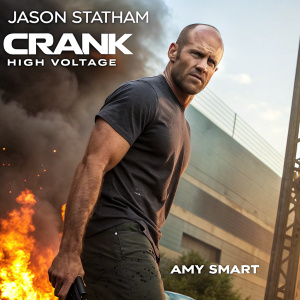 Jason Statham, starring in 'Crank: High Voltage', intense and muscular pose. Flames and smoke backdrop. Film release details, cast including Amy Smart.