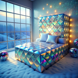 night white diamond sequin texture bed ultra soft contrast color transitions PRISM Effect iridescence diamond sequin flowers print in ice cube lots of plush toys on the cute bed window ultra Glitz Sequin   antique real bed bedroom   ultra glam Holographic glossy Bioluminescent made of  glass magic room  room made of glass  heavy snowy room  colorful furniture frozen  ultra iridescence   intense frozen heavy snowy ultra sagging room colorful furniture frozen in ice molds 
 masterpiece  dreamland 