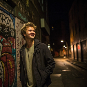 Ansel Elgort, actor, with tousled blonde hair and friendly smile, in a casual, dimly lit alleyway at night, surrounded by urban graffiti, candid shot.