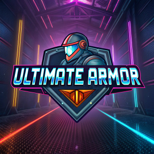 Ultimate Armor logo design. Vibrant colors. Futuristic emblem, bold font. Cyberpunk style background.