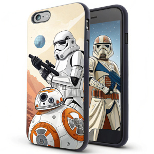 An iPhone case featuring iconic Star Wars characters including Stormtrooper, BB-8, and R2-D2.