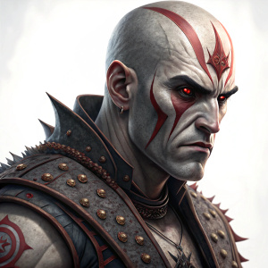 Quan Chi, Mortal Kombat character, bald head, adorned with red markings, piercing red eyes. Wearing spiked ornate vest, set against stark white background