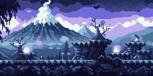 game scene for platformer, misty withered forest in the night time. In the background mountains and volcanos.