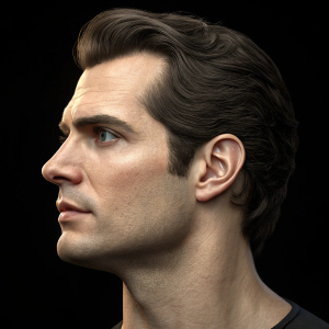 3D digital rendering of Henry Cavill. Side profile, black background