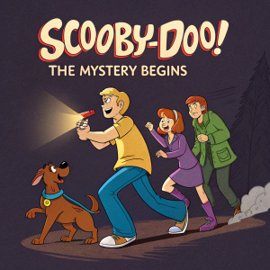 Digital illustration of 'Scooby-Doo! The Mystery Begins' DVD cover. Main characters Scooby-Doo, Shaggy, Daphne, Velma, and Fred in a dynamic pose. Dark background, vibrant colors, and cartoonish style.