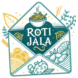 Creative logo design for Roti Jala. Envelope shape, teal and yellow palette, playful and vibrant style.