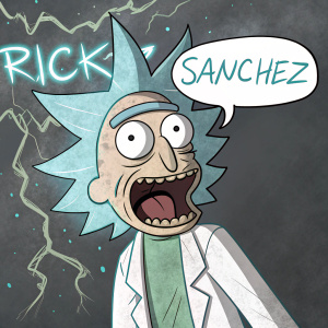 Vibrant illustration of Rick Sanchez, from Rick and Morty. Wide-open mouth, electric aura, rough texture. Dark, grungy background. Speech bubble with message of gratitude.