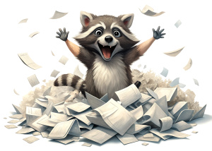 In this image, you can see a joyful raccoon sitting in a pile of scattered papers. He looks happy and open-mouthed, expressing joy or delight. The raccoon is holding the papers in his hand, perhaps looking at them or holding them out to the camera. This scene gives the impression that the raccoon is engaged in something fun or interesting, perhaps having fun looking at or playing with the papers.