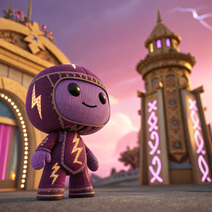 Animated scene from Sackboy: A Big Adventure. Sackboy, a cute purple character with lightning bolt patterns, standing in front of a detailed golden structure. Background features pink and purple hues.