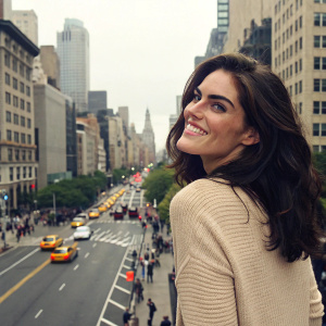 Hilary Rhoda, with a warm smile and friendly demeanor, standing in front of a bustling New York City street. She wears a beige knit top and has long, loose waves of dark brown hair.
