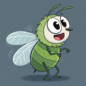 Cartoon illustration of Angelo the Mighty Flea. Green body, white and black face, funny look. Solid gray background.
