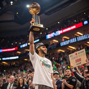Devin Cannady, standing tall with an NBA G League Championship trophy. Crowded arena, cheering crowd