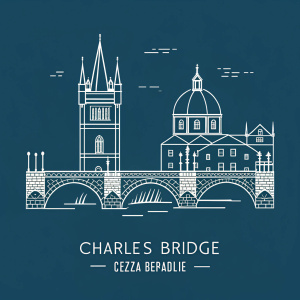 Minimalist black and white line art of Charles Bridge. Prague, Czech Republic. Illustration of iconic bridge, arches, and towers against solid color background.