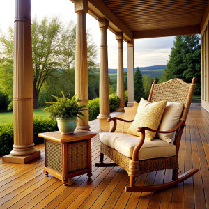 wooden porch, wicker chair with cushions 