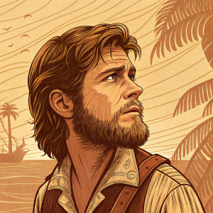 Vintage illustration of Monkey Island's art sleeve. Warm, rustic color palette. Detailed wood grain texture. Close-up focus