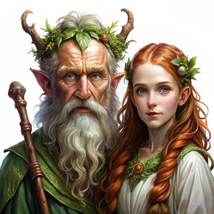 old wise male druid with young red hair elf on white background













