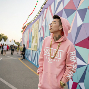 Jay Park, with a trendy look, at a street festival. Pink hoodie with white text, gold chains. Geometric wall art in the background.