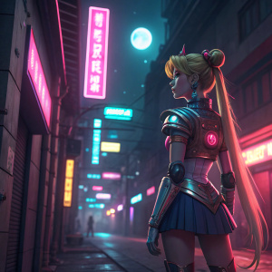 Sailor Moon, in a futuristic cyberpunk outfit, standing in a neon-lit alley.