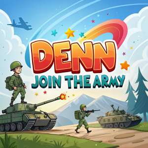 Creative banner for video game 'DENN: Join the Army'. Playful, colorful design with cool-toned shapes.
