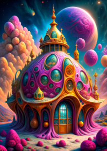 a pink and golden alien house in the shape of the moon 