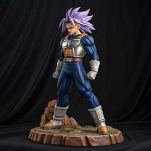 Trunks, a Dragon Ball Z figurine. Determined look, long purple hair, standing in a battle-ready stance. Set against a black backdrop, high detail, 3D model