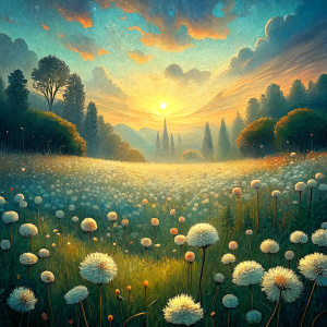 Vintage Old, Spring Meadow with small white Wildflowers with the Sunrise in the background. Photo Realistic