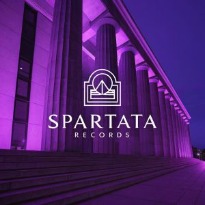 Spartata Records logo, featuring a minimalist geometric design of ancient columns, set against a vibrant purple backdrop, complemented by sleek, modern sans-serif font.