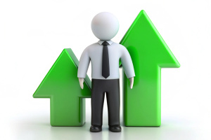 3D Human supported by a green arrow pointing up, with shirt and tie
