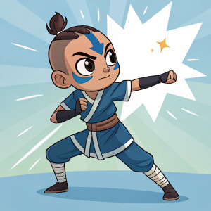 Digital art of Sokka, chibi style. Fighting pose, focused look, distinctive face paint. Bright, colorful background.