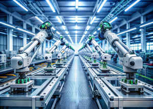 Advanced High Precision Robot Arms on Fully Automated PCB Assembly Line Inside Modern Electronics Factory. Electronic Devices Production Industry. Component Installation on Circuit Board