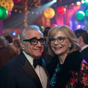 Martin Scorsese and Helen Morris, both wearing glasses, at a bustling after-party. Festive, colorful decorations fill the background.