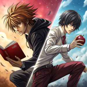 L and Light Yagami from Death Note, vividly illustrated in dynamic poses. Brightly colored, digital fan art with vivid background.