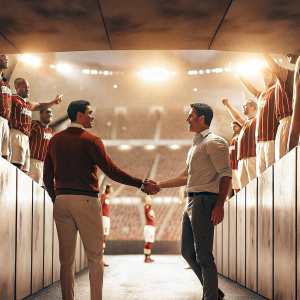 Granit Xhaka and Mikel Arteta embracing in the post-match handshake line at Emirates Stadium. Fans cheering in the background.