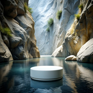 SIMPLE empty stage single level for product display for beauty product display set in nature WATER AND rocks