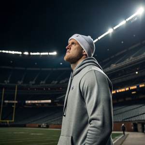 J.J. Watt, NFL player, intense look. Gray hoodie, white beanie. Empty football stadium, night shot, artificial lights