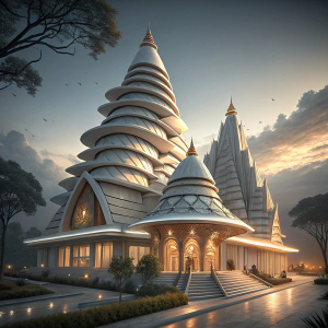 A futuristic 3D model of the Kalash Temple, featuring layered, cone-shaped sections. Brightly lit, modern design
