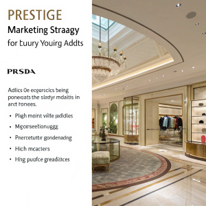 Prada's marketing strategy presentation slide. Focuses on luxury fashion for young adults. Emphasizes online store, brand prestige. Image of Prada boutique with high-end interior design.