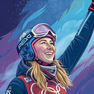 Mikaela Shiffrin, wearing ski gear, victorious celebration, vibrant abstract background. Blues and purples. Confident smile.
