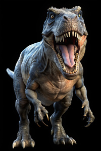 Tyrannosaurus rex full body from the front with the head approaching very aggressive and dark with the mouth open and enraged
