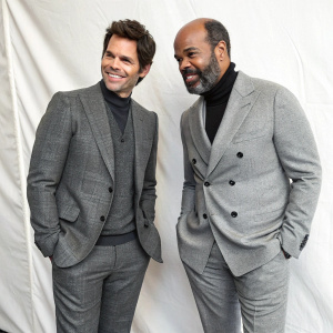 James Marsden and Jeffrey Wright at the Sundance Film Festival. Grey suits, white backdrop.