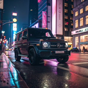 A Mercedes-Benz G-Wagon Brabus Edition, parked under neon lights in a bustling city night scene. The car's dark exterior contrasts sharply against the vibrant background of billboards and flashing signs. The front grille and emblem shine prominently, while the license plate displays unique symbols.