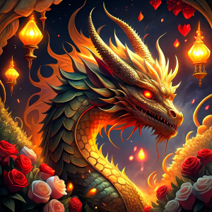 A majestic golden dragon with intricate scales and piercing eyes. The gold baby dragon is surrounded by an array of colorful Chinese lanterns, which cast a warm, festive glow over the scene. A white rabbit is waving hand to the dragon. In the background, an impressive fireworks display illuminates the night sky, contributing to the festive atmosphere. The overall composition is dynamic and visu